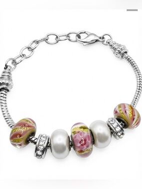 Silver Tone European Charm Bracelet Pink Glass Faux Pearl Beads